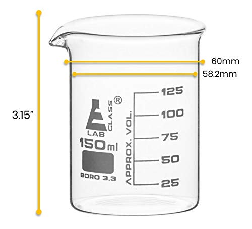 12Pk Beakers, 150Ml - Low Form With Spout - White, 25Ml Graduations - Borosilicate 3.3 Glass - Eisco Labs #TOP1