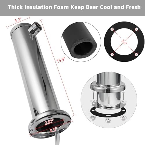 Single Beer tap Tower with 1/4 Barb, 3'' Draft Kegerator Tap Tower Stainless Steel Keg Tower Parts Stainless Core Self-Closing Beer Faucet Brewing Tower Dispenser with Pre-assembled Beer Lines Kit