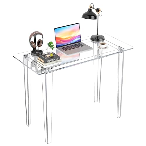 Acryve Acrylic Desk - Clear Acrylic Table Modern Home Office Study Table Extended Surface Multi-Purpose Console Sturdy Lightweight Workstation for Small Spaces (Transparent-L)