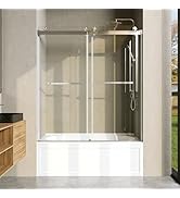 CRISSENSSI Frameless Bathtub Shower Door, 56"-60" Wide, 66" high, 3/8" (10mm) Clear Tempered Glas...