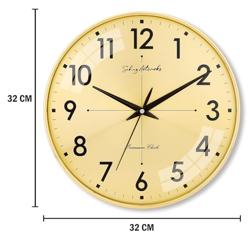 Image of Sehaz Artworks Wall Clock for Living Room Stylish | Traditional Wall Clock for Hall Big Size | Wall Watch for Living Room Stylish | Metal Dial - Golden 32x32 CM
