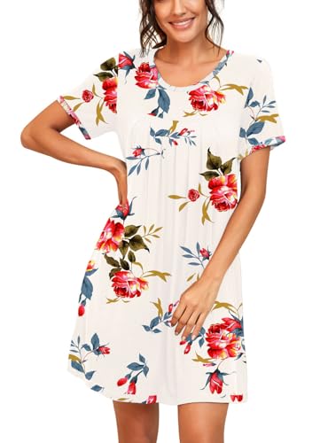Image of PrinStory Nightgowns for Women Short Sleeve Night Gowns Pleated Sleep Shirt Ladies Nightshirt Soft Sleepwear