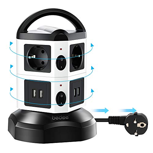 Steckdosenleiste, Vertikale Mehrfachsteckdose, 6 Fach Steckdosenturm mit 4 USB Ladeanschlüsse Überspannungsschutz Steckdose, Tragbar Steckdosen