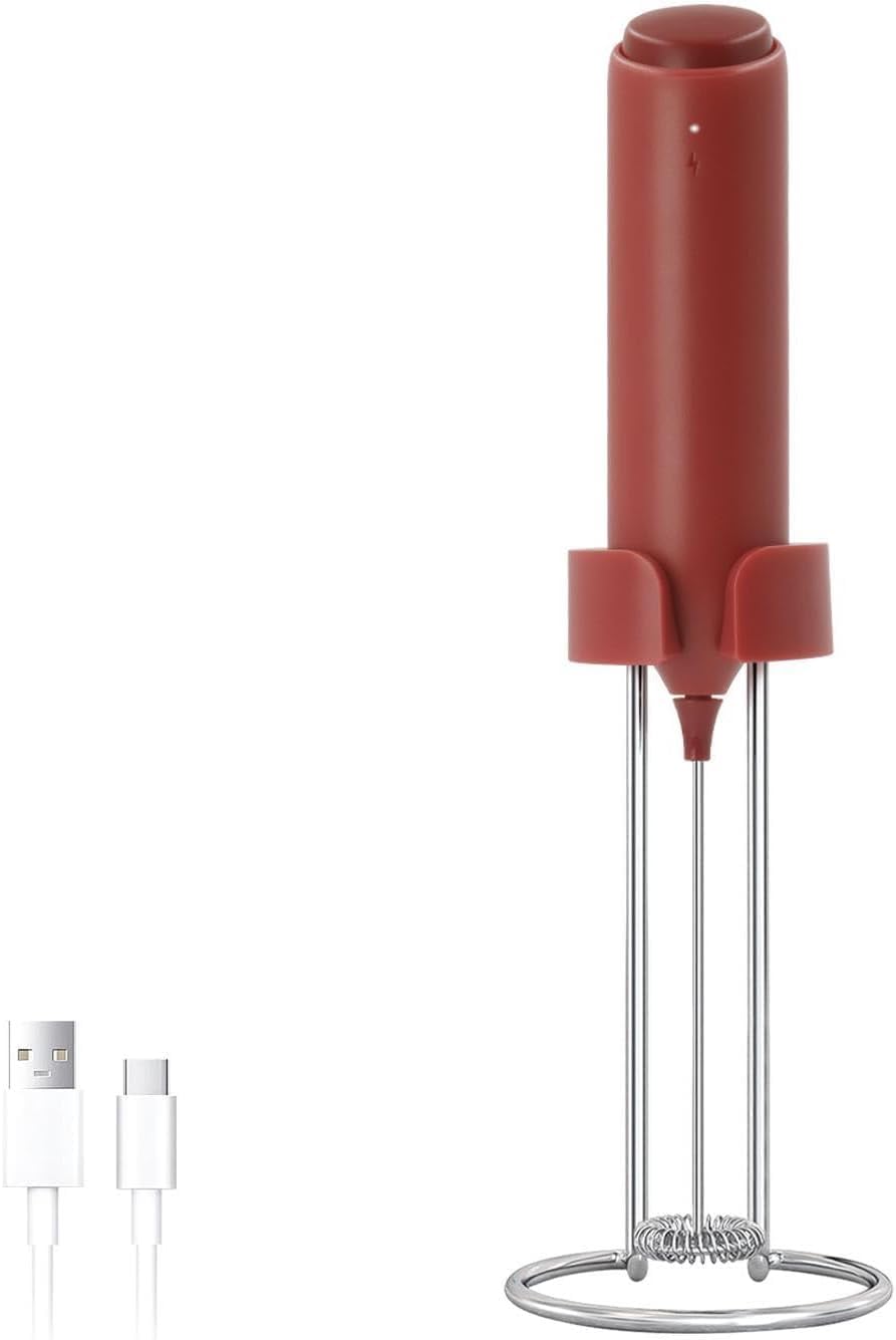 ELMWAY Rechargeable Milk Frother – Handheld Electric Whisk for Coffee, Latte & Matcha, Ergonomic Grip with Charging Stand or Wall Mount Holder – Red