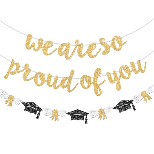 Gybeizhu Glitter Gold We Are So Proud of You Banner Congrats Grad Cap Garlands Class of 2026 Congratulations Graduate Banner for Graduation Party Decorations No DIY.