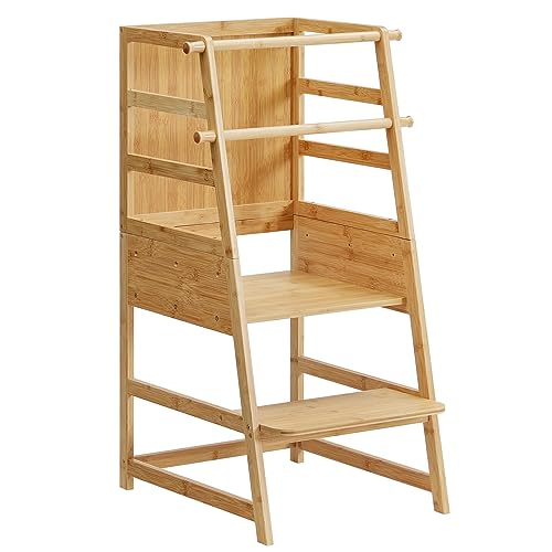 Image of HOOBRO Toddler Standing Tower, Adjustable Height Toddler Kitchen Step Stool, Kids Step Stool with Safety Rails, for Kitchen Counter and Bathroom Sink, Natural Bamboo YL50JD01