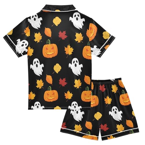 Satin Pajama Sets Short Sleeve Halloween Ghosts Pumpkins Leaves Black Button Down Silky Nightwear 2 Piece PJS 5-14Y2