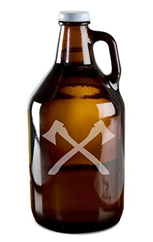 Crossed Fireman's Axes Hand-Made Etched Glass Beer Growler 64 oz