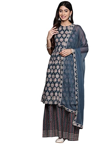 Image of ishin Women's Pure Cotton Maroon Abstract Printed A-Line Kurta suit set with Sharara & Dupatta