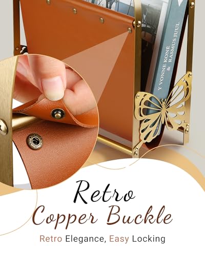 Aocii Magazine Holder, Artificial Leather Magazine Rack Floor with Golden Butterfly Hardware & Antique Brass Buckles, Bathroom Magazine Rack, Magazine Organizer for Floor Standing Home Decor - Image 6