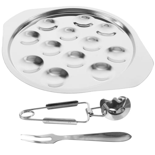 Stainless Steel Escargot Dining Set - Snail Tong, Fork and Plate for Home, BBQ, Restaurant - 12 Holes Serving Plate