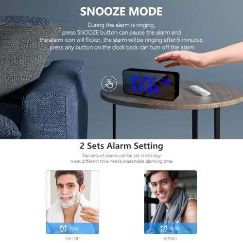Image of Digital Alarm Clock with LED Display, Portable Mirror Alarm Clock with Double Alarm Snooze Time 4 Levels of Brightness Adjustable Dimmer 10 Music Charging Port