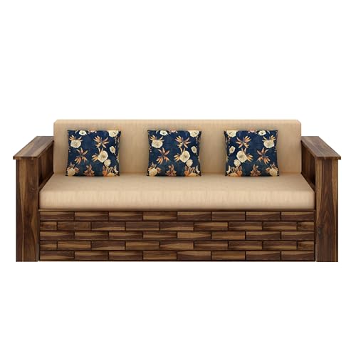 Image of Ganpati Arts Italian Solid Sheesham Wood 3 Seater Sofa Cum Bed with Side Pockets for Storage and Fabric at Back Wooden Sofa Furniture for Living Room Home (Teak Finish)
