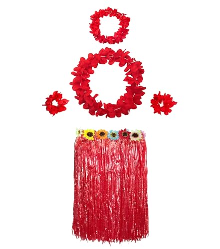 Carnavalife Falda Hawaiana con Collar Pulseras y Diadema de Flores Fiesta Hawaiana Leis Tropica Vacaciones Playal, Disfraces Guirnalda Elástica para Niñas Mujer Adultos,Pack de 5 piezas (Rojo 40cm)