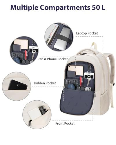 Image of MATEIN Extra Large Backpack for Women, 18 Inch TSA College Backpack with Multiple Compartments & Anti Theft Pocket, 50 L Fashion Work Computer Carryon for Business, Cream Beige