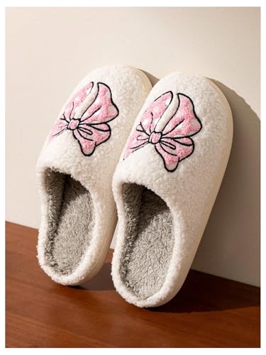 Verdusa Women's Bow Fuzzy Bedroom Slippers Warm Indoor Home Slipper Shoes3