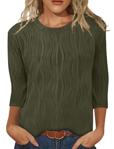 Gemulate Smart Work Tops for Women UK 3/4 Sleeve Womens Tops Ladies Office Shirts Round Neck Blouses Spring Fall Tunic Army Green L