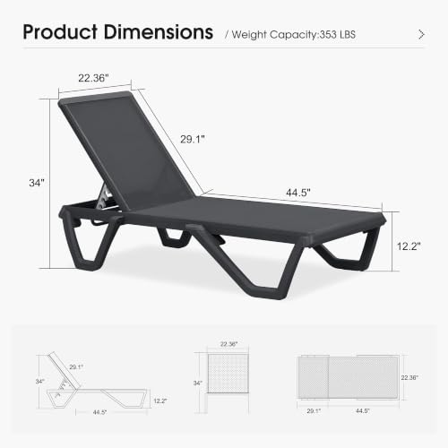 Image of PURPLE LEAF Patio Chaise Lounge Set of 4 Plastic Outdoor Chair, Dark Gray | Aluminum Frame, Plastic + Glass fiber Legs, UV Textilene Fades Less, 5 Recline Angles, 5% Wider Seat, Stackable, Easy-Clean