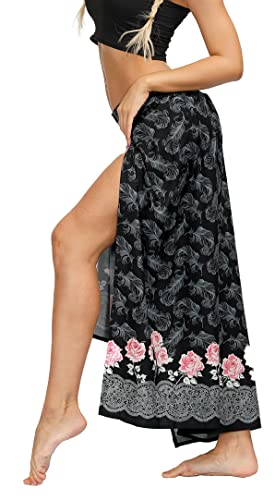 Newsite Womens Slit Wide Leg Pants Casual Beach Boho Baggy Yoga Print Hippie Bohemian Pilate Belly Dance Trousers,Grey Feather Floral,S/M #TOP2