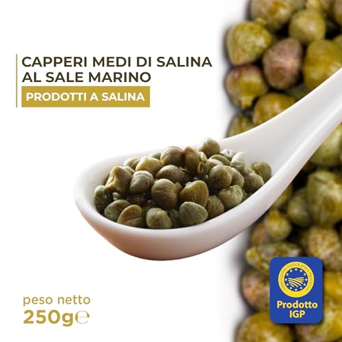 RACILIA Bio Mittelgroße Kapern in Salz Von der Insel Salina - Sizilianische Salina Kapern Handwerkskunst 100% Italienisch - Glutenfrei 250g