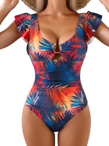 Image of Eomenie Womens Ruffled One Piece Swimsuit Slimming Tummy Control Bathing Suit V-Neck Cutout Swimwear for Resort Wear