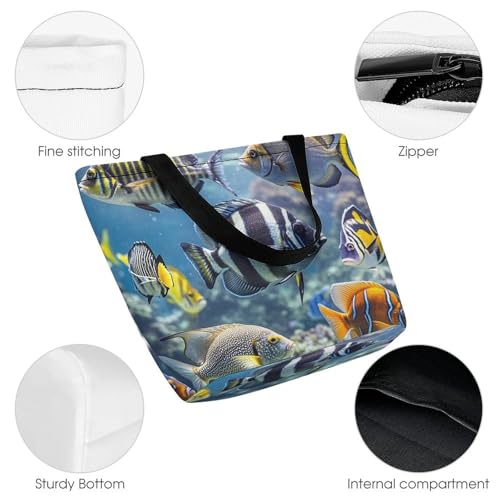 Women Tote Bags with Handles Different Fish Shoulder Bag with Zipper Handbags Shopping Bags Travel Bag Beach Bag Reusable Grocery Bag for Swim Holiday Gift3