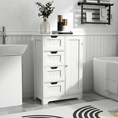 Rasoo Bathroom Storage Cabinet White Freestanding Floor Storage Cupboard Adjustable Shelf With 4 Drawers And 1 Door #TOP3