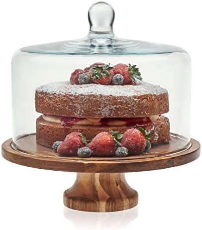 Libbey Acaciawood Footed Round Wood Server Cake Stand with Glass Dome