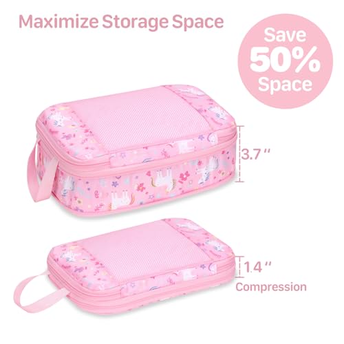 Kids Packing Cubes Compression - 4 Set Travel Packing Cube for Carry On Suitcase and Backpack Luggage Organizer Set Bag with Shoe Bag for Girls (Pink Unicorn)4