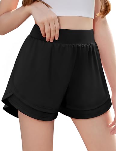 Zaclotre Girls Athletic Shorts with Pockets Crossover Triple Layered 2 in 1 Kids Sport Cheer Workout Running Shorts
