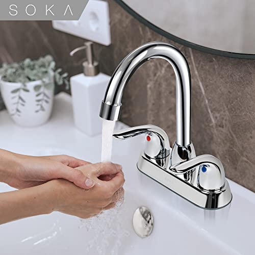 SOKA Two Handles Centerset Bathroom Faucet for Sink High Arc Stainless Steel with Deck Plate & Pop-Up Drain Assembly Fit 3 Hole Installation, Chrome (SK18001C) by SOKA - Used condition - Image 2