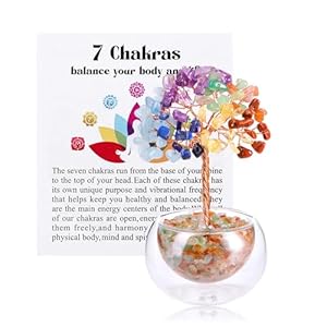 14cm Chakra Heilstein Bäumchen in Glas Schale, Kristallbaum Reiki Deko | Edelstein-Baum