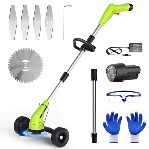 Aokia Weed Wacker Cordless for Lawn: 12V Electric String Trimmer with Wheel - Lightweight 2.0Ah Li-Ion Battery Powered for Yard, Garden, Hedge - Grass Edger with 2 Cutting Blade Types