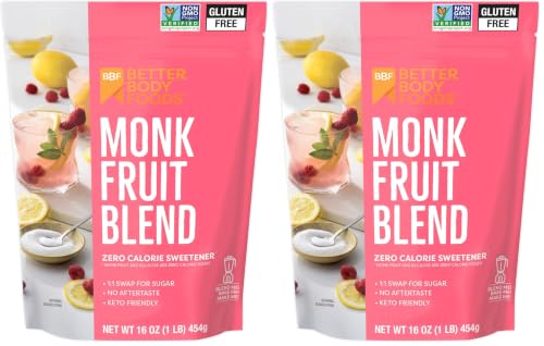BetterBody Foods Monk Fruit Allulose Sweetener Blend, Raw Cane Sugar Substitute, Zero Calorie, Keto Diet Friendly, Zero Net Carbs, Zero Glycemic, Baking, Extract, Sugar Replacement, 1lb, 16 oz