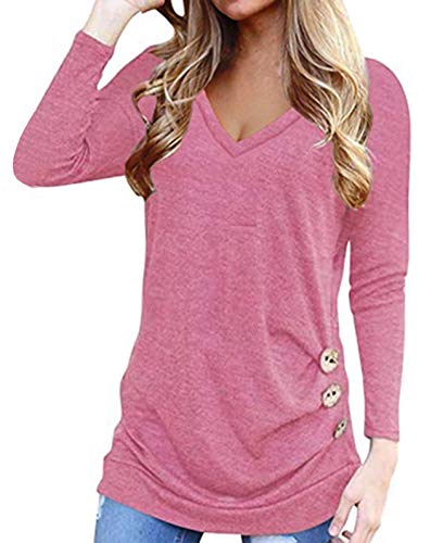 JomeDesign Womens Long Sleeve V Neck T Shirts Loose Fitting Tunic Tops for Leggings Casual Blouse Camisas de Mujer Pink XX-Large
