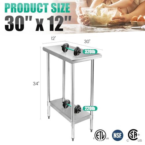 Image of STABLEINK NSF Stainless Steel Prep Table 12x30 Inches, Small Metal Work Table with Adjustable Undershelf, for Commercial Kitchen, Restaurant, Hotel, Laundry and Garage