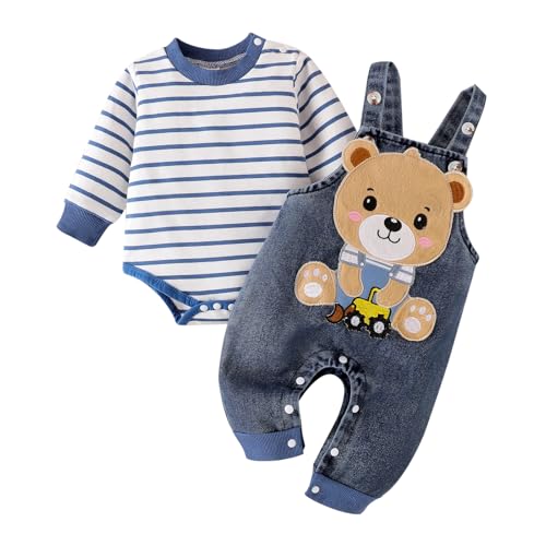 Image of FOCUTEBB Baby Boy Clothes Long Sleeve Striped Romper Fall Winter Outfits Cute Cartoon Overalls Jeans Pants 0-18 Months