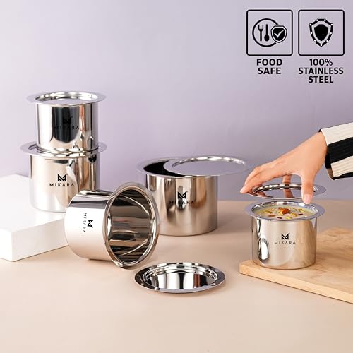 Image of MIKARA Flat Bottom Induction Friendly Stainless Steel Tope Set, Mirror Finish, 5-Piece Combo (325ml, 425ml, 525ml, 650ml & 750ml), Includes 5 Topes with Lids