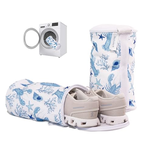 Image of Shoe Washing Machine Bags (2-Pack) - Laundry Bag for Sneakers, Protect Shoes & Washer, Durable Thick Chenille, Reinforced Zipper, Includes Sneaker Brush - Bluehome