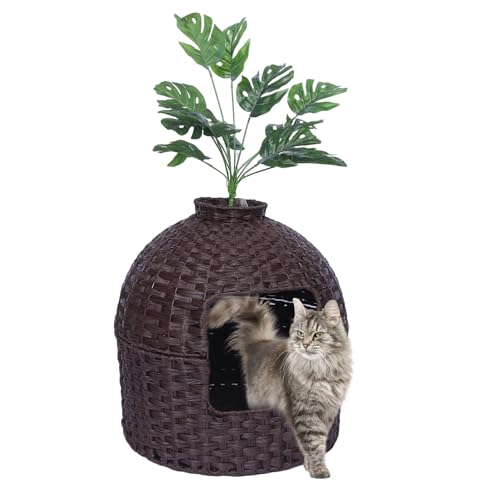 Cat Litter Box Enclosure with Artificial Plant – Woven Rattan Hidden Litter Box Furniture for Living Room