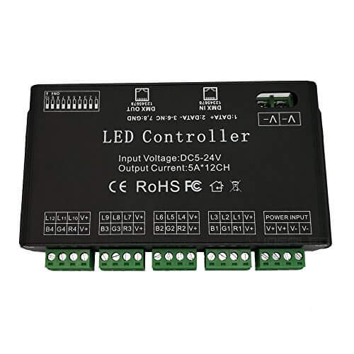 DMX Decoder a 12 Canali, DMX512 Controller LED RGB 60A PWM Dimmer per Strisce LED e Luce Modale DC12V-24V