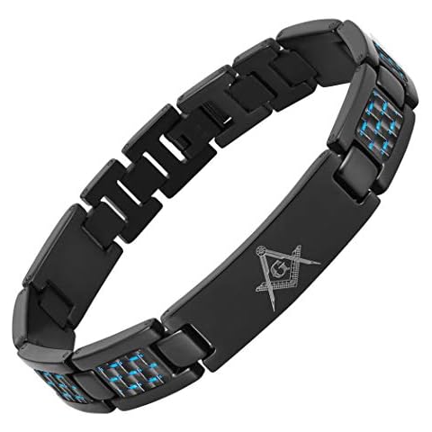 MasonicMan Black Masonic Titanium Freemasonry Masonic Bracelet with Blue Carbon Fiber Adjusting Tool and Gift Box Cover
