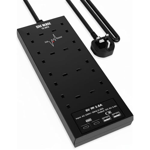 Extension Lead with USB Slots, 8 Way Socket Surge Protection with 4 USB(2C+2A) Multi Plug 2990W Safety Shutter with 2M Extension Cord for TV PC Laptops Tablets (TS 28C2 2M) BLACK