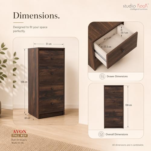 Image of Studio Kook Avon Tallboy Chest of Drawers, 4 Drawers, Matte Finish (Junglewood)