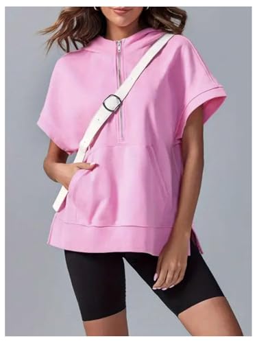Verdusa Women's Oversized Half Zip Hoodies Short Sleeve Casual Sweater Hoodie Pullover Tops with Pockets4