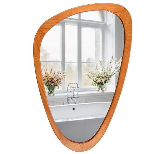 FUIN Asymmetrical Irregular Wall Mirror 30.5" x 19.5" – Solid Wood Frame Mid Century Modern Decor, Organic Pebble Shaped HD Glass for Bathroom Vanity, Bedroom, Living Room & Entryway (Teak Finish)