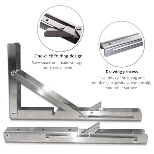 HSEANWWW Pack of 2 Folding Shelf Brackets Stainless Steel 14 inch (Max Load 154lb/70KG) Heavy Duty Outdoor Locking Hinges for Home Kitchen - Image 3
