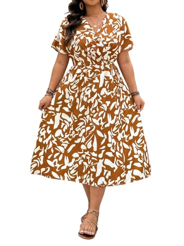 Image of Floerns Women's Plus Size Boho Hawaiian Tropical Dresses V Neck Short Sleeve Floral A Line Long Dress Vacation Beach Outfits