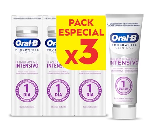 Oral-B Pro 3D White Clinical Blanqueamiento Intensivo Dentífrico Blanqueante, 3x75ml - Pasta de Dientes Blanqueadora con Sabor a Menta Siempreverde, Elimina Las Manchas Superficiales