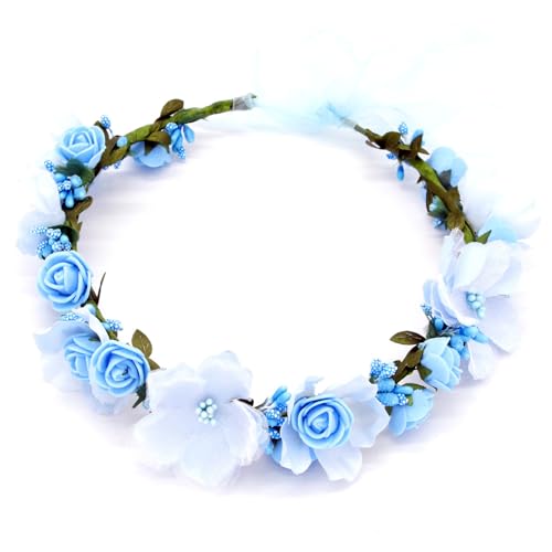 Accessoires cheveux de mariage sous forme de couronne de fleurs bleues avec ruban